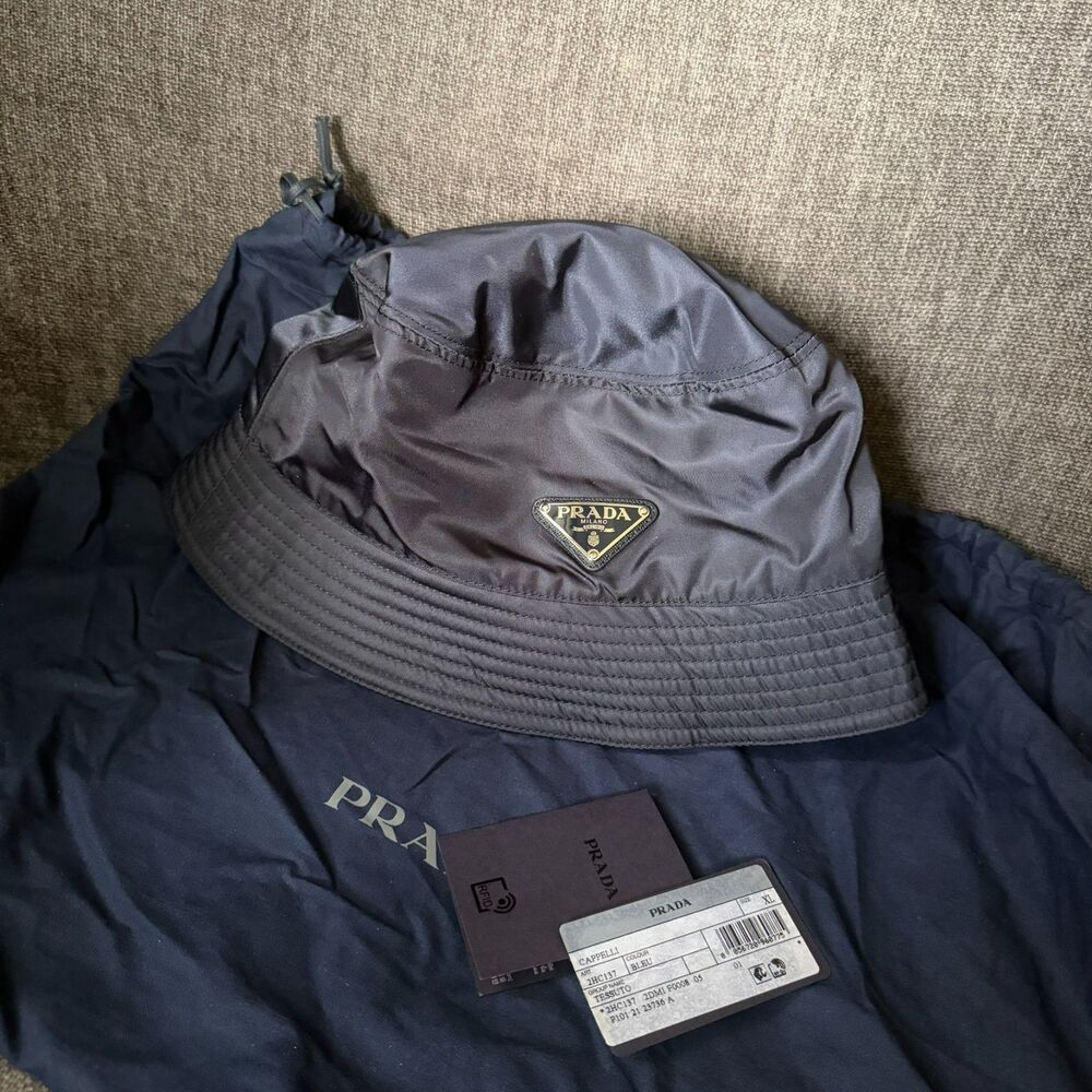 PRADA	Re-nylon Blue Enameled Tessuto Logo Cotton Unisex Men Womens Bucket Hat XL